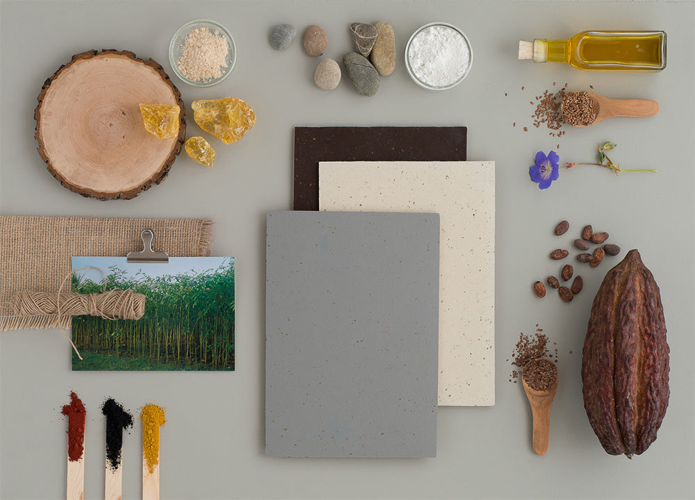 Ingredients of Forbo Marmoleum Cocoa - colors shown are Chia Seeds 3594, White Chocolate 3584, Black Tea 3591