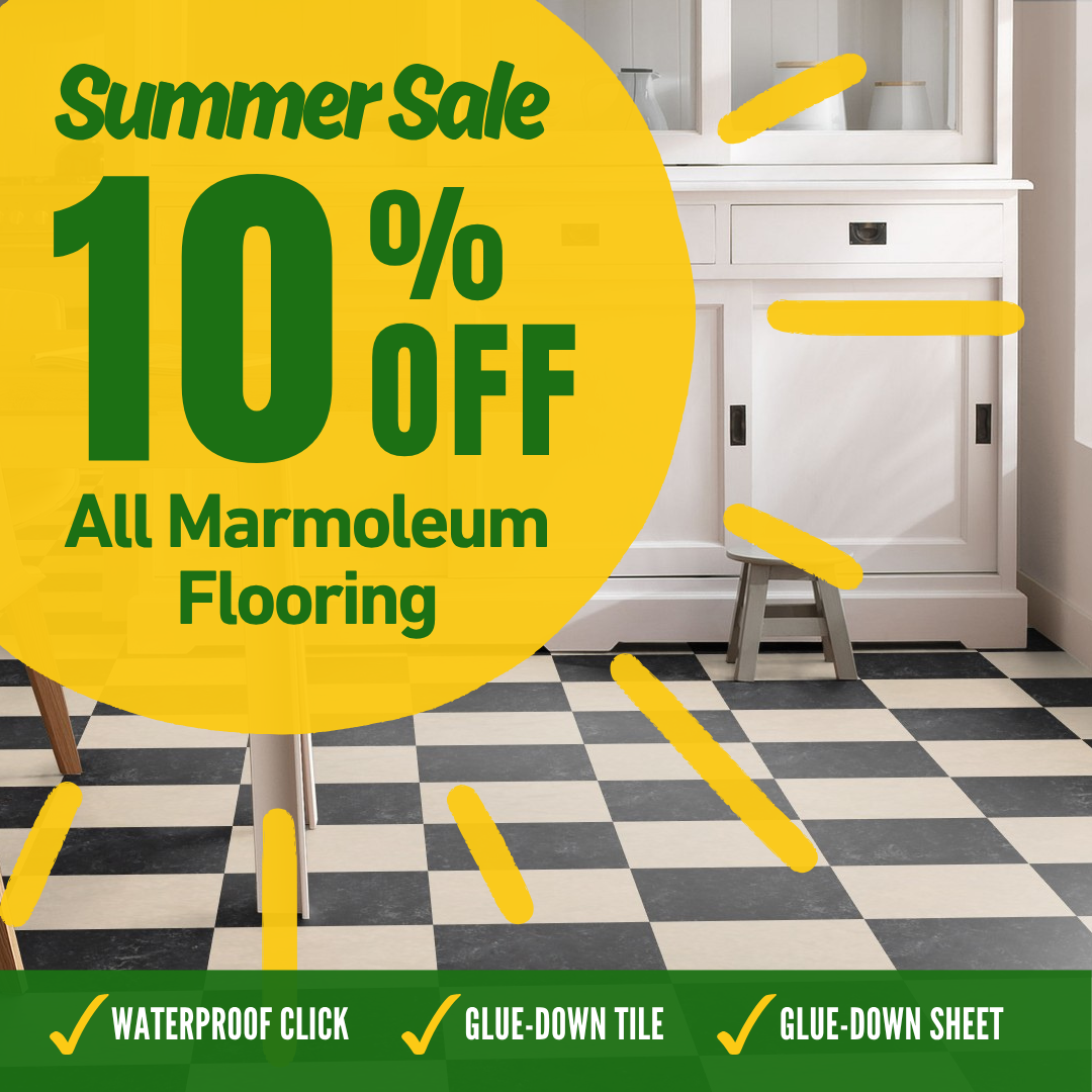 Marmoleum Summer Sale 2026, July and August Save 10% on all Marmoleum  (Natural Linoleum) Flooring, Waterproof Click, Glue-Down Tile, Glue-Down Sheet